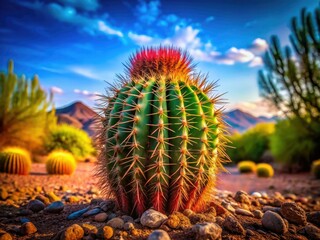 Surreal desert cactus: vibrant life against serene landscape, ample space for your text.