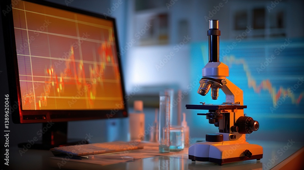 Poster laboratory setting with microscope and computer monitor displaying data
