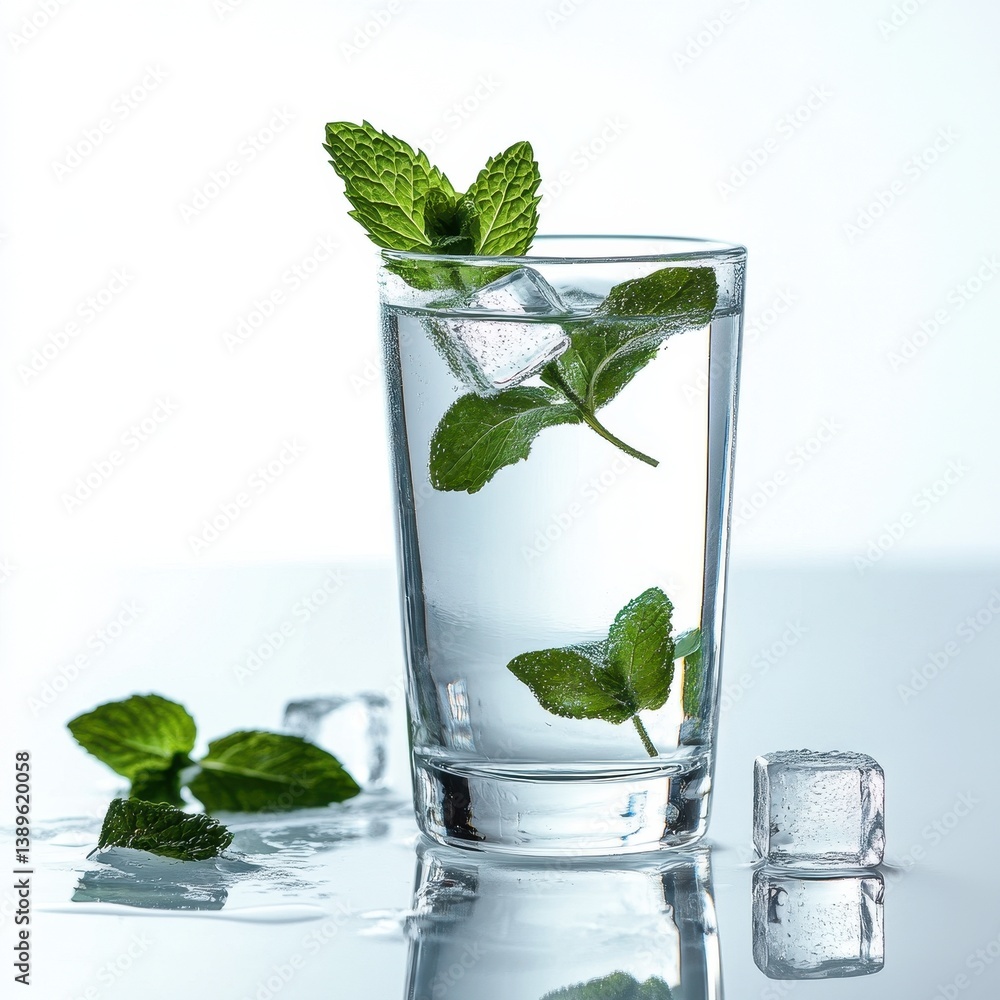 Poster refreshing clear water with mint leaves and ice cubes in a glass on a reflective surface in a bright