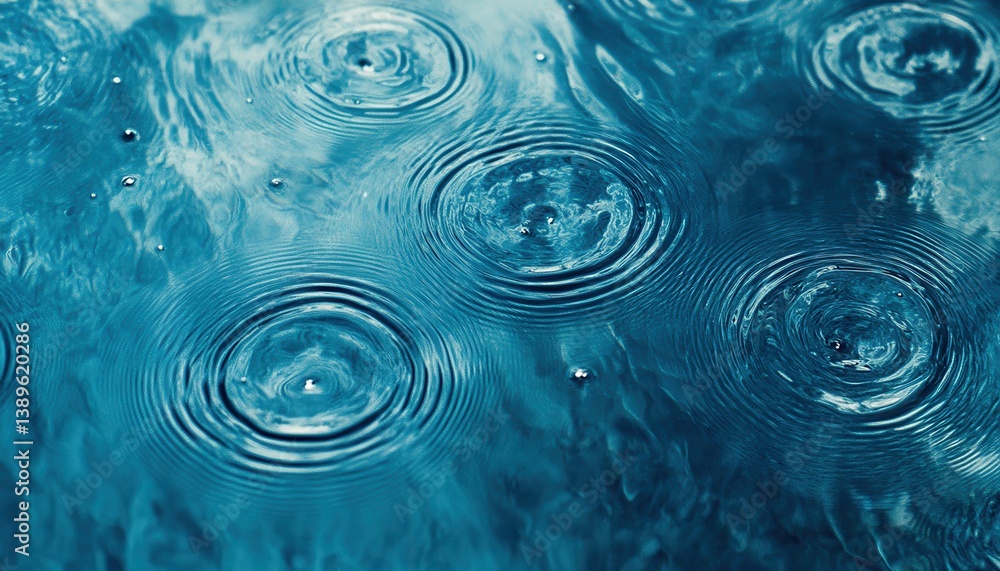 Poster ripples forming concentric circles on a calm blue water surface creating an abstract pattern from ra