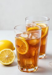 Fototapeta premium Refreshing iced tea with lemon slices and ice cubes on a light background