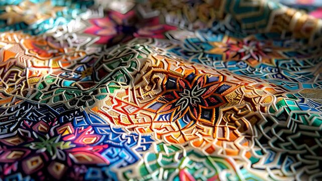 Geometric pattern on a table runner, intricate textures and vibrant hues