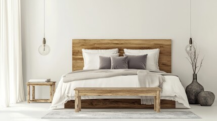 Cozy bedroom interior design wooden headboard pendant lights neutral color palette creating inviting restful vibe