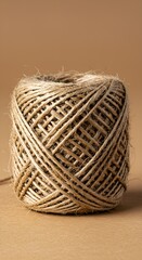 Obraz premium Macro image of folded jute twine ball on kraft paper surface, showing detailed fiber texture and natural imperfections