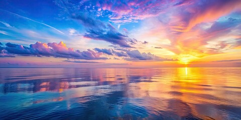 Tranquil pastel sunrise paints a minimalist ocean reflection, calming water mirroring soft dawn hues.