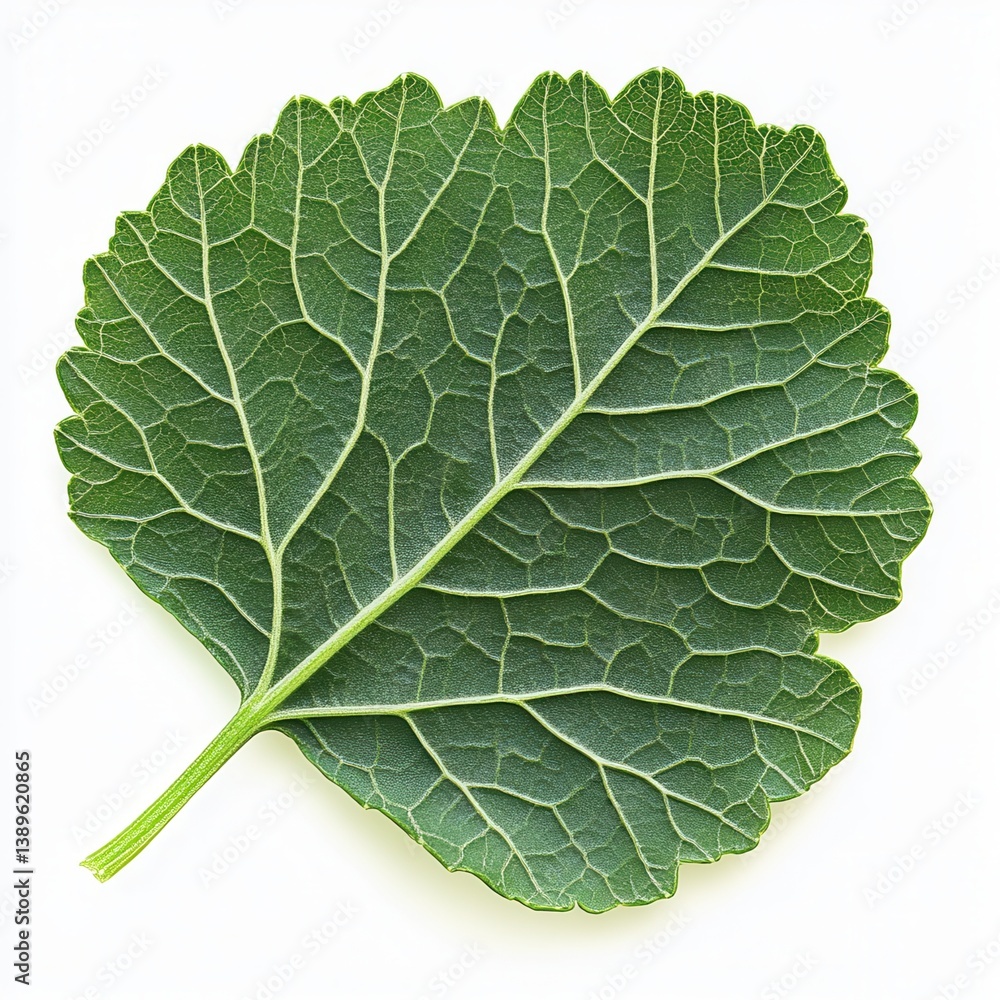 Aufkleber Single Green Leaf with Intricate Vein Pattern in Sharp Focus Displayed on White Background a Study in Botanical Texture and Organic Design Detailed Macro of Fresh Flora