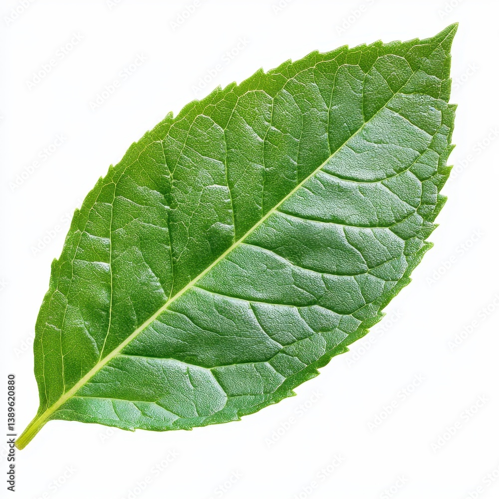 Leinwandbilder Single Green Leaf Close Up on White Background in Sharp Focus with Visible Veins and Fresh Texture Representing Nature and Botanical Elements