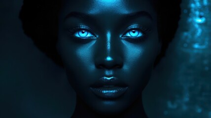 A woman with blue eyes and a black face