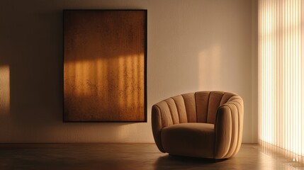 Serene interior with modern plush chair abstract framed art sunlight streaming through blinds simple elegance