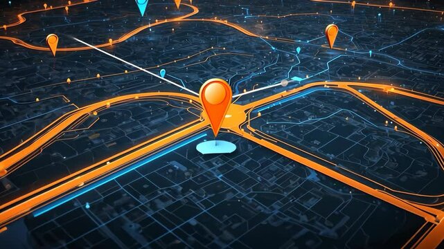 digital map displaying highlighted roads and location markers, representing navigation, connectivity, and urban infrastructure