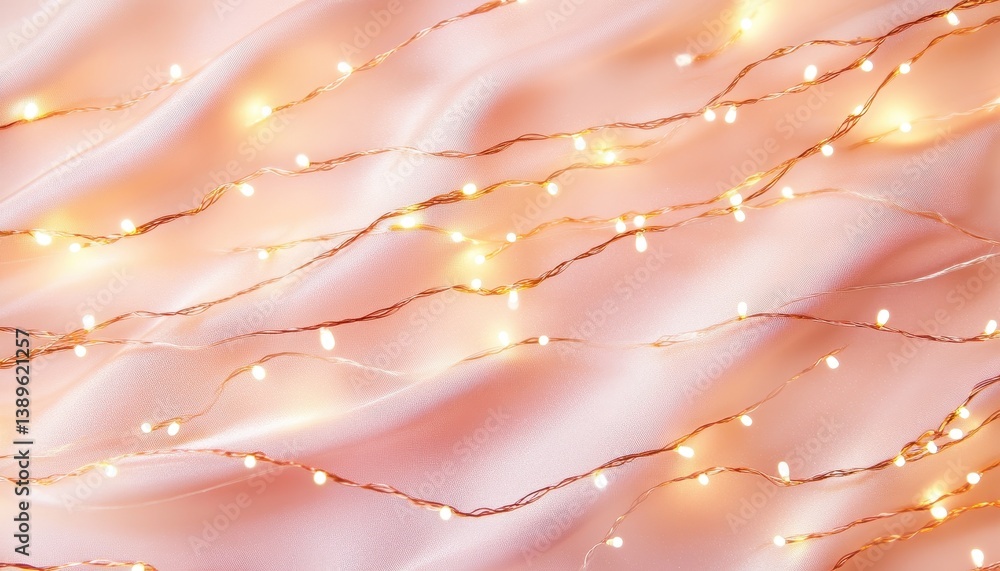 Aufkleber Soft Peach Fabric with Sparkling String Lights for Festive Holiday Background Elegant Shimmering Decoration and Warm Glow Lighting