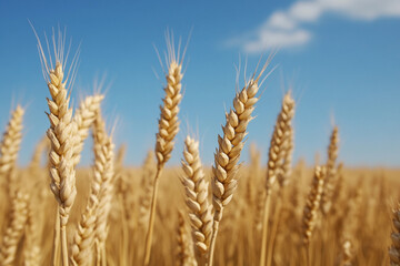 Golden wheat field waves gently in the breeze under a blue sky with scattered clouds