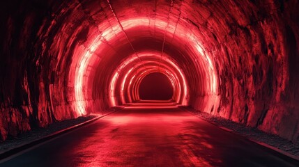 Naklejka premium Abandoned Tunnel Illuminated with Red Neon Lights in Dark Environment