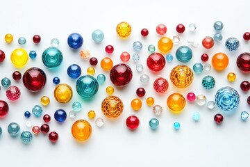 Colorful glass beads scattered on white background vibrant jewel tones playful arrangement bright