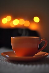 Obraz premium Warm Cozy Evening Tea Cup and Saucer with Lights Bokeh