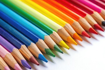 Fototapeta premium Vibrant rainbow pencils, sharply focused, celebrate diversity in a creative art supply backdrop.
