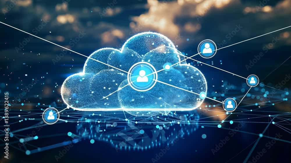 Poster data transfer cloud computing technology concept. there is a large prominent cloud icon in the cente