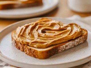 Close-up of almond butter spread on toast, swirl texture emphasized, bright breakfast setting