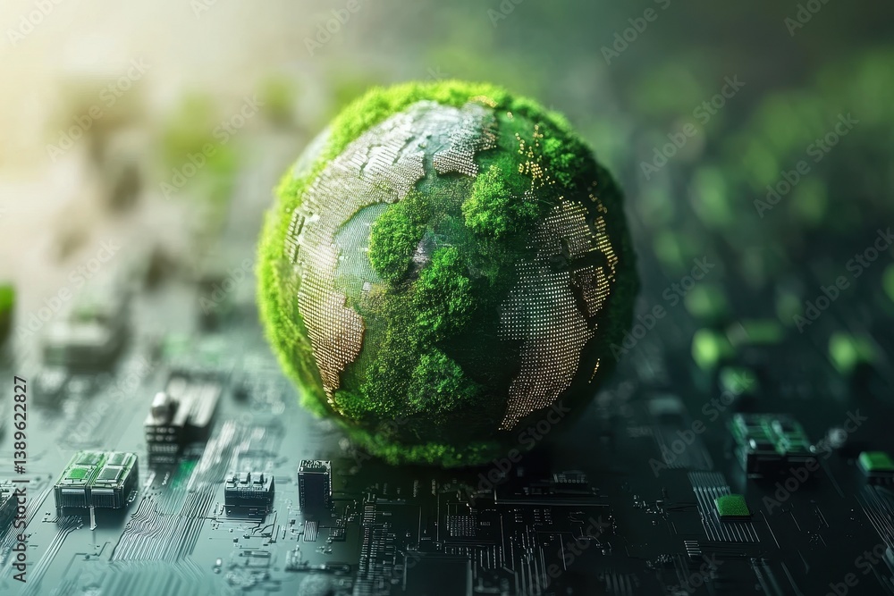 Poster verdant sphere encrusted with moss resting on a detailed circuit board depicting ecology and technol