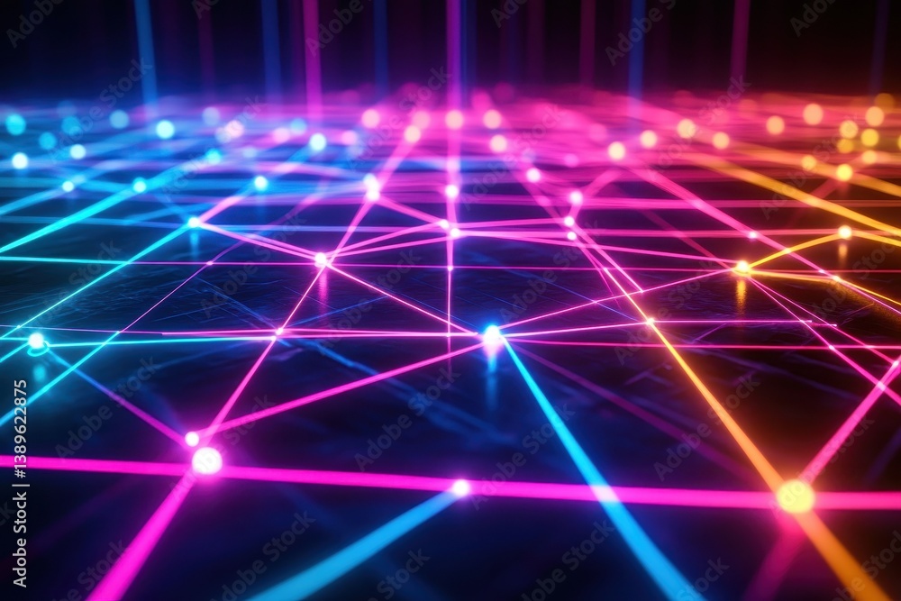 Poster vibrant abstract network of interconnected glowing lines and spheres on dark background representing