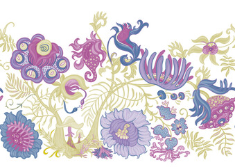 Fantasy, alien hypnotic flowers, decorative flowers and leaves. Cartoon style. Millefleurs trendy floral design. Seamless pattern, background. Outline hand drawing vector illustration.