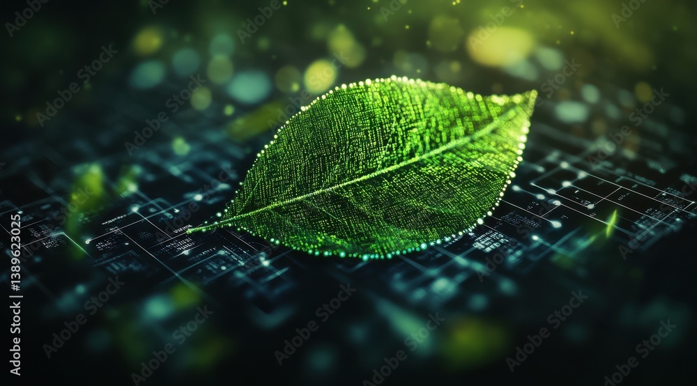 Poster vibrant green leaf symbolizing environmental tech on digital circuit board background with bokeh lig