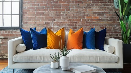 Interior Scene with Brick Wall White Couch Colorful Pillows and Modern Decor for Home Design