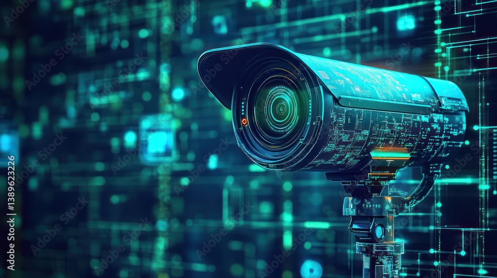 Poster futuristic surveillance camera with digital circuit overlay and data network
