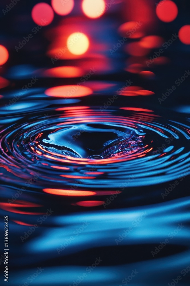 Leinwandbilder Water Drop Creating Circular Ripples in Blue Liquid with Abstract Red and Orange Bokeh Background Showing Nature's Abstract Beauty