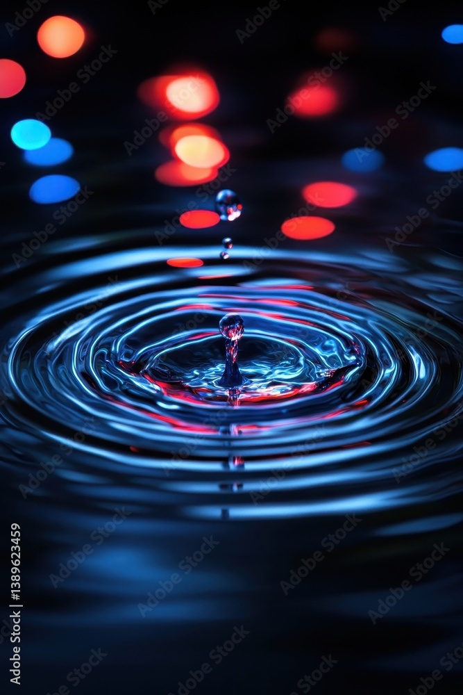 Aufkleber Water Drop Creating Circular Ripples on Dark Reflective Surface with Bokeh Lights in Blue and Red