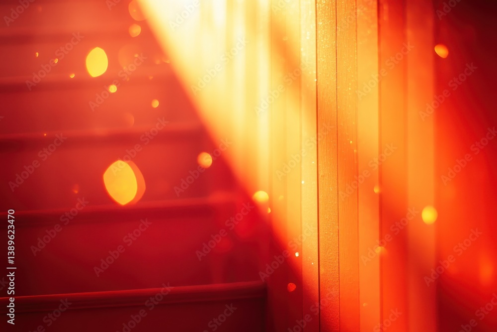 Aufkleber warm red sunlight streaming through wooden staircase with bokeh lights abstract interior scene with 