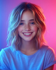 smiling woman with a short casual haircut, wearing a simple t-shirt