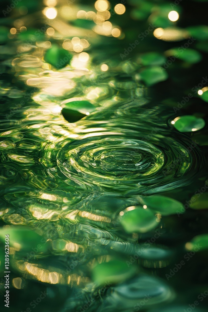 Aufkleber Water Surface Reflecting Sunlight Creating Ripples and Bokeh with Floating Green Leaves in a Textured Environment