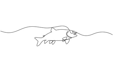 Obraz premium Tuna fish illustrated in continuous line drawing. Minimalist design for food and drink concepts, Continuous one line drawing of tuna. One line drawing illustration of tuna fish.