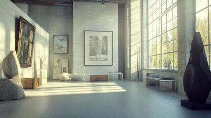 Fototapeta premium Contemporary art gallery with modern sculptures and paintings in bright sunlight with large windows showcasing minimalist interior design