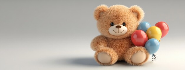 A cheerful teddy bear grips pastel balloons, creating a delightful atmosphere against a clean white backdrop, radiating joy