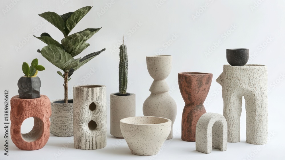 Poster aesthetic display of various plants and elegant vases of different sizes shapes and textures on whit