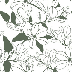 Seamless pattern background. Hand drawn nature painting with magnolia flowers. 