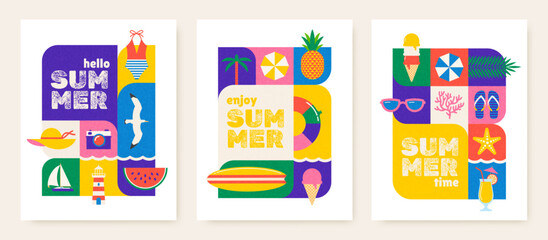 Set of colorful summer vacation and travel cards, Multicolored summer time concept design for greeting card, poster, banner. Vector illustration.