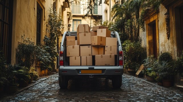 Vehicle Packed with Cardboard Boxes in a Narrow European Street Delivery