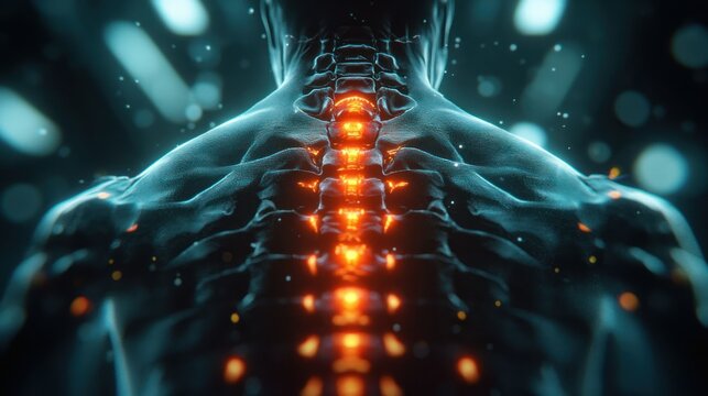 Detailed anatomy of the spine, highlighted with glowing red accents, showcasing the skeletal structure