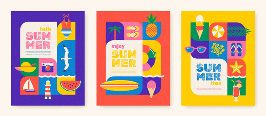 Set of colorful summer vacation and travel cards, Multicolored summer time concept design for greeting card, poster, banner. Vector illustration.