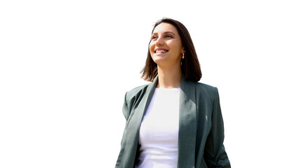 Happy businesswoman looking up with a transparent background, perfect for easy integration into any...