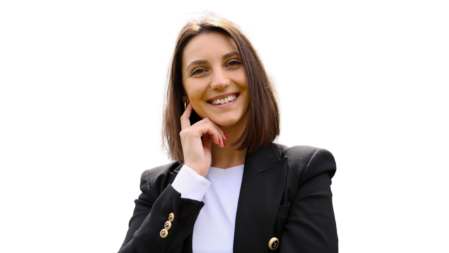 Confident businesswoman leaning hand near cheek, professional headshot with transparent backdrop - Powered by Adobe