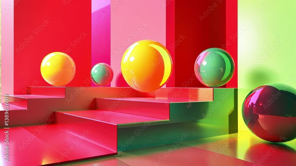Poster vibrant abstract composition featuring colorful spheres in a modern interior setting with bold red a
