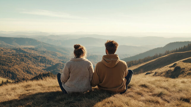 A couple sitting together on a grassy hill enjoys a panoramic view of rolling mountains under a clear sky.