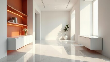 Sunlit Modern Interior Design Featuring Minimalist White Cabinets and Orange Accent Wall