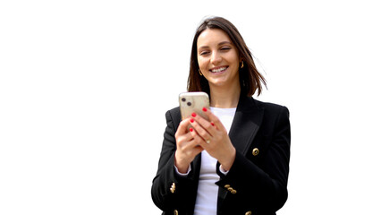 Happy businesswoman using mobile phone with transparent background, ideal for easy integration into...