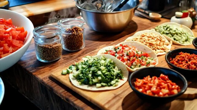 Various taco ingredients are displayed on a wooden table, ready for assembly