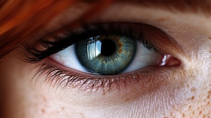 Fototapeta premium Close-up of a captivating eye. Detailed view of a woman's eye with a striking mix of colors, highlighting the intricate details of the iris and eyelashes.